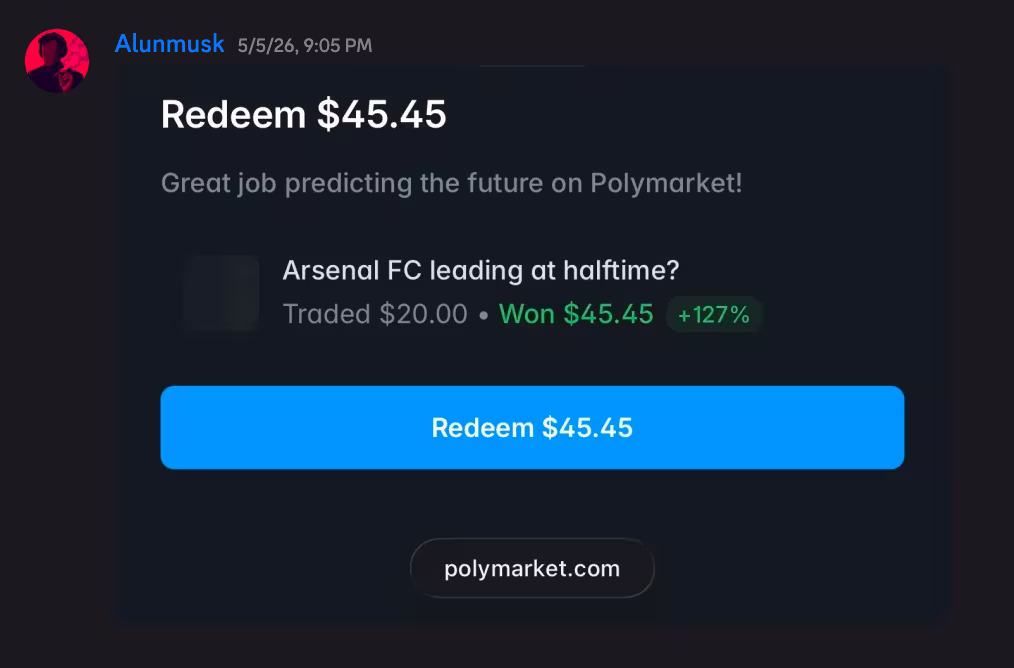 Alunmusk — Arsenal halftime call, +127% on $20